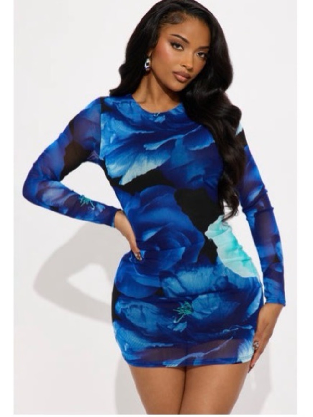 Fashion Nova Blue Floral Mesh Mini Dress - Long Sleeve